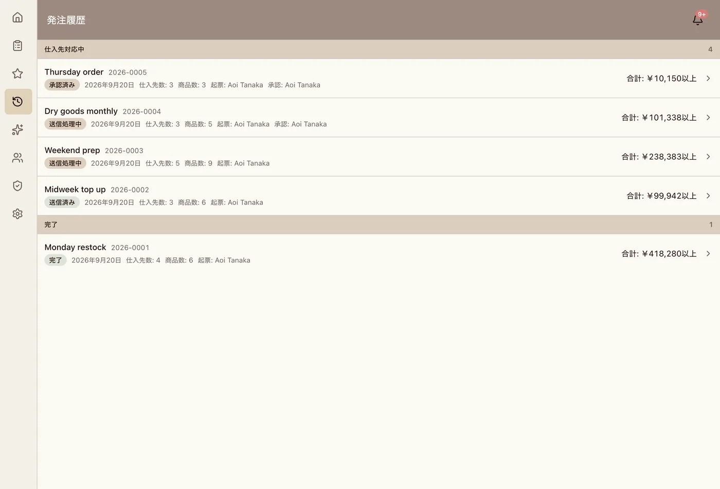 Past orders, split into awaiting approval, with the supplier, and finished.